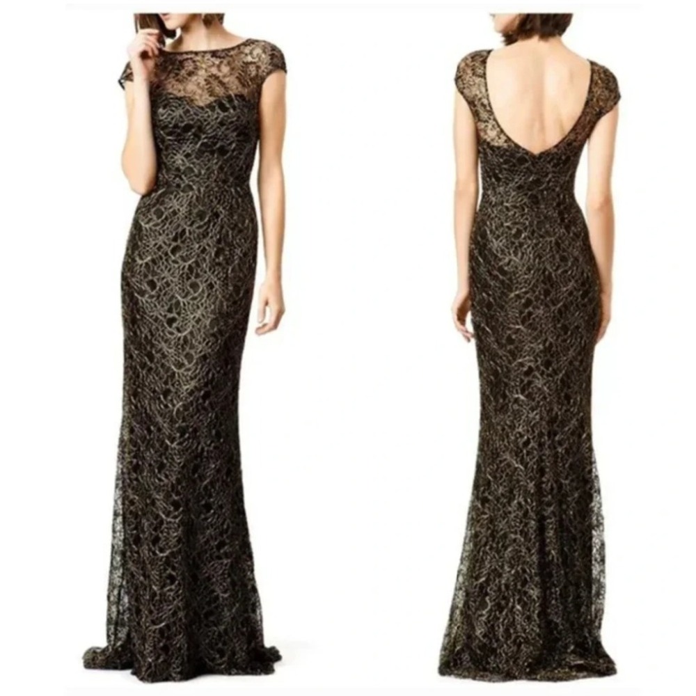 Theia The Edinburgh Gown Size 8 Black Gold Metallic Lace Mermaid Formal Evening